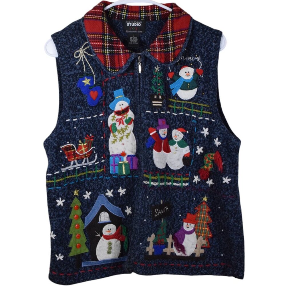 Vintage 90s Snowman Ugly Christmas Plaid Sweater Vest Winter Holiday Party Snow